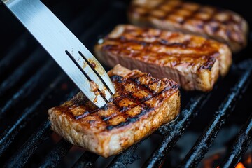 A grilled steak with perfect grill marks being sliced open to show the juicy inside