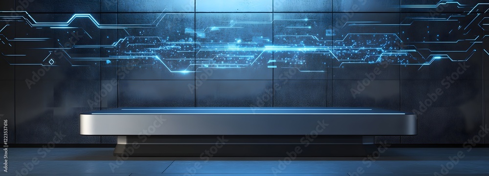 Poster a podium with a sleek, metallic finish, placed in front of a futuristic virtual display with abstrac