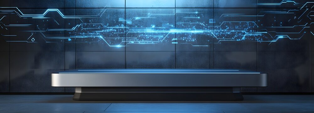 A podium with a sleek, metallic finish, placed in front of a futuristic virtual display with abstract digital elements