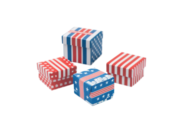 Artfully arranged colorful gift boxes adorned with stars and stripes, celebrating patriotic themes in a bright and cheerful setting isolated on transparent background