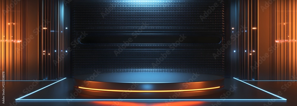 Poster a podium with a sleek, metallic finish, placed in front of a futuristic virtual display with abstrac