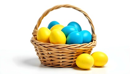 Yellow and Blue Easter Eggs in Woven Basket on White Background (AI-Created)