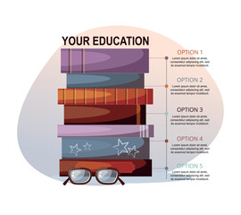 Education concept. Stack of books and glasses, infographic template