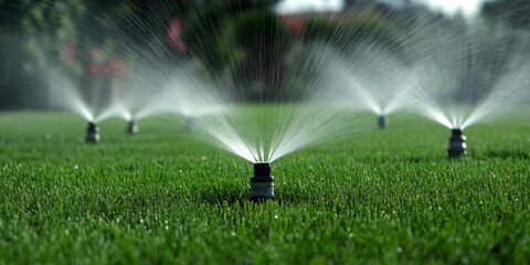 Irrigation system watering green lawn in backyard garden