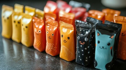 Brightly colored wet cat food pouches arranged on kitchen countertop