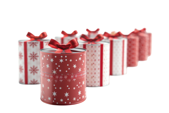 Festively wrapped Christmas gifts with red and white patterns shining against a bright backdrop isolated on transparent background - Powered by Adobe
