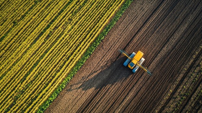 Aerial View of Agricultural Machinery Working in Fields