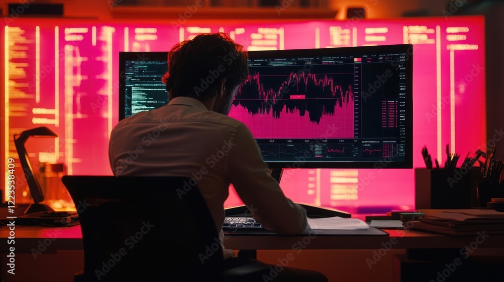 Poster Man Works Late Analyzing Financial Data Graphs