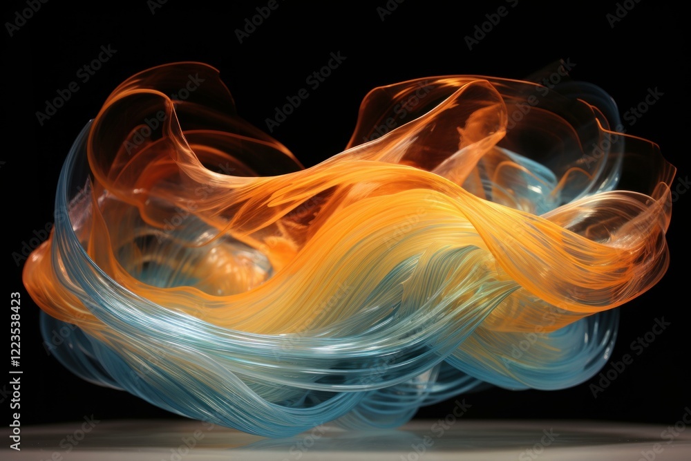 Poster abstract composition featuring translucent ribbons in orange and blue, creating a dynamic interplay 