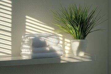 White towels and a green plant sit on a shelf in sunlight