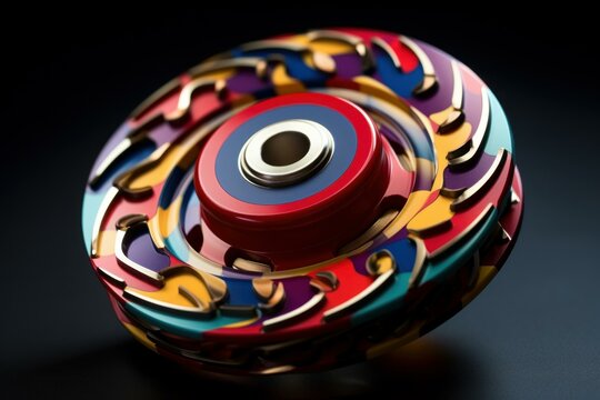 Multicolored spinning top rotating, creating a mesmerizing pattern of vibrant hues against a dark backdrop