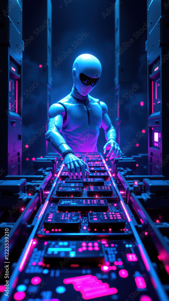 Poster futuristic robot with glowing eyes standing next to a row of servers.