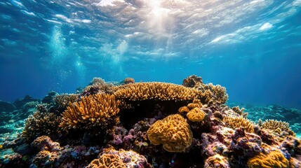 Fototapeta premium Underwater coral reef scene, sunlit ocean, vibrant marine life, tranquil underwater paradise, ideal for travel brochures