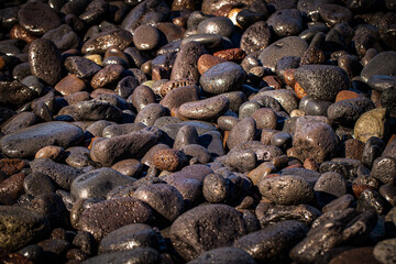 A collection of smooth, weathered stones scattered along the edge of the ocean, with gentle waves lapping at the shore. The scene is serene, with the stones varying in size and texture, framed by the 