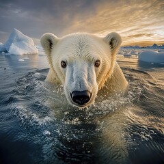 Naklejka premium A stunning polar bear swims through icy waters, showcasing the beauty of Arctic wildlife and the urgent need for environmental conservation.