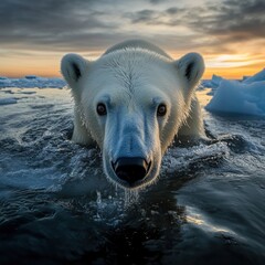 Naklejka premium A majestic polar bear emerges from icy waters at sunset, capturing the beauty of nature and the urgency of climate change.