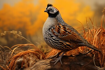 Mountain quail perched on a log with blurred autumn foliage in the background