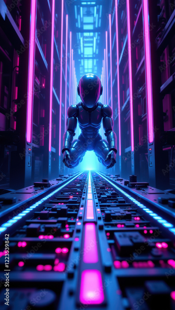 Poster futuristic robot in a neon-lit computer room with advanced tech interface.