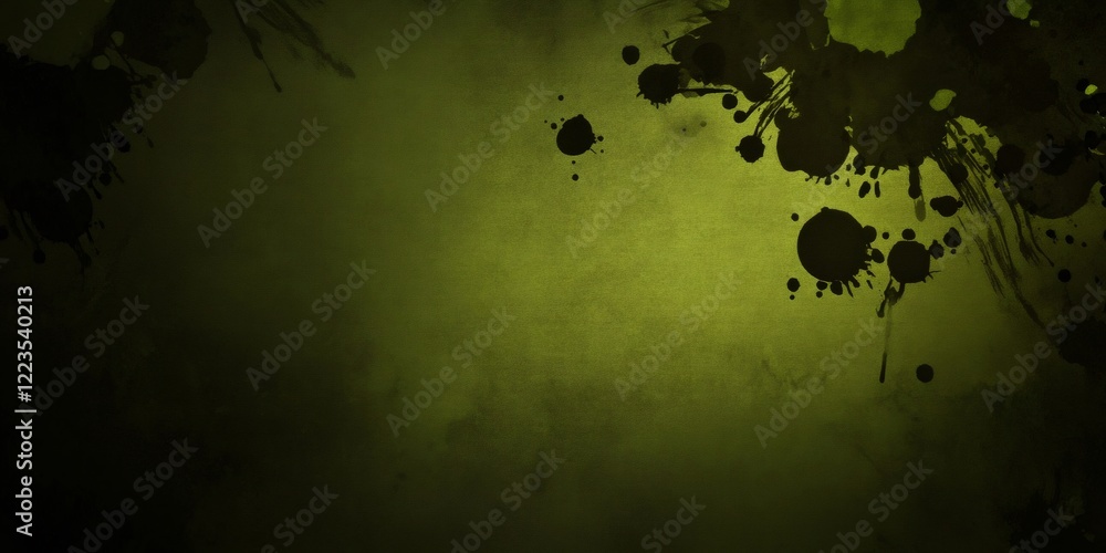 Poster dark ink droplets splashing across textured green surface, creating dramatic artistic pattern with i