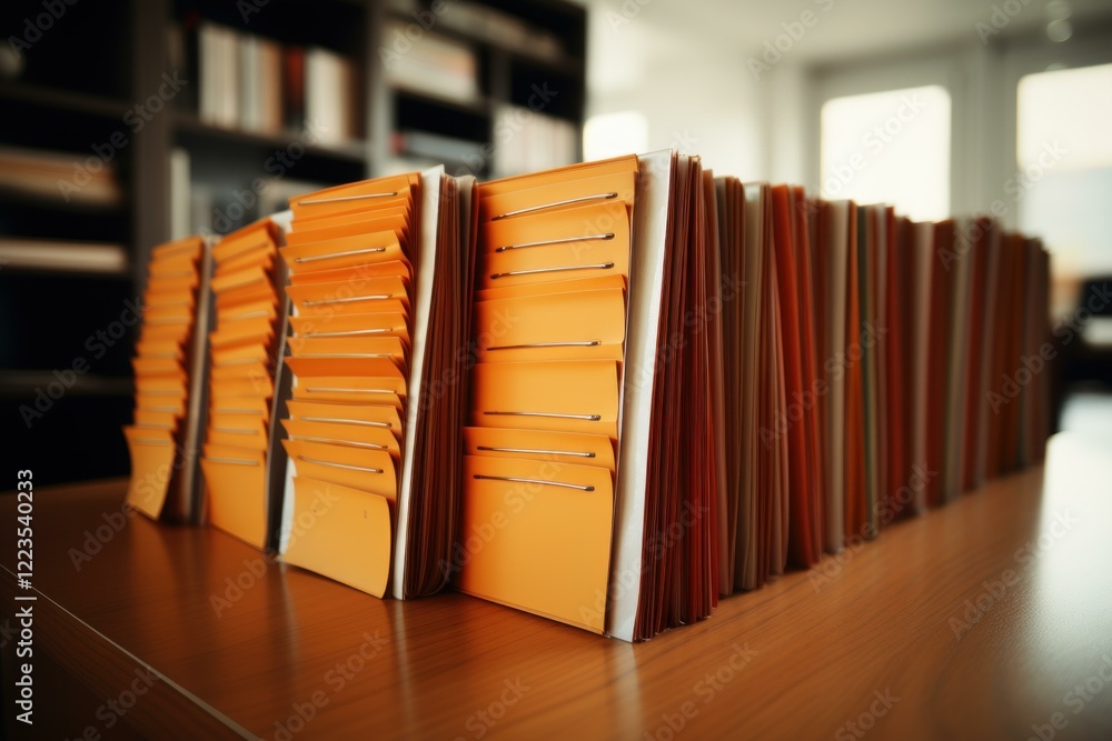Aufkleber numerous paper folders neatly arranged on a desk, possibly containing important documents or archive