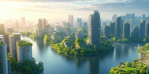 Naklejka premium Futuristic city with green architecture and waterways at sunrise