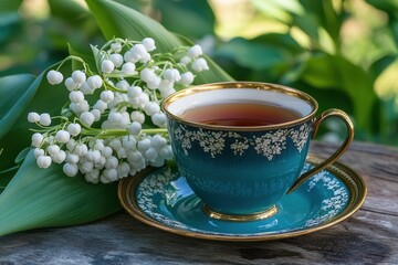 A blue cup with gold trim holds hot herbal or black tea alongside a lily of the valley bouquet in the garden creating a delightful outdoor tea experience