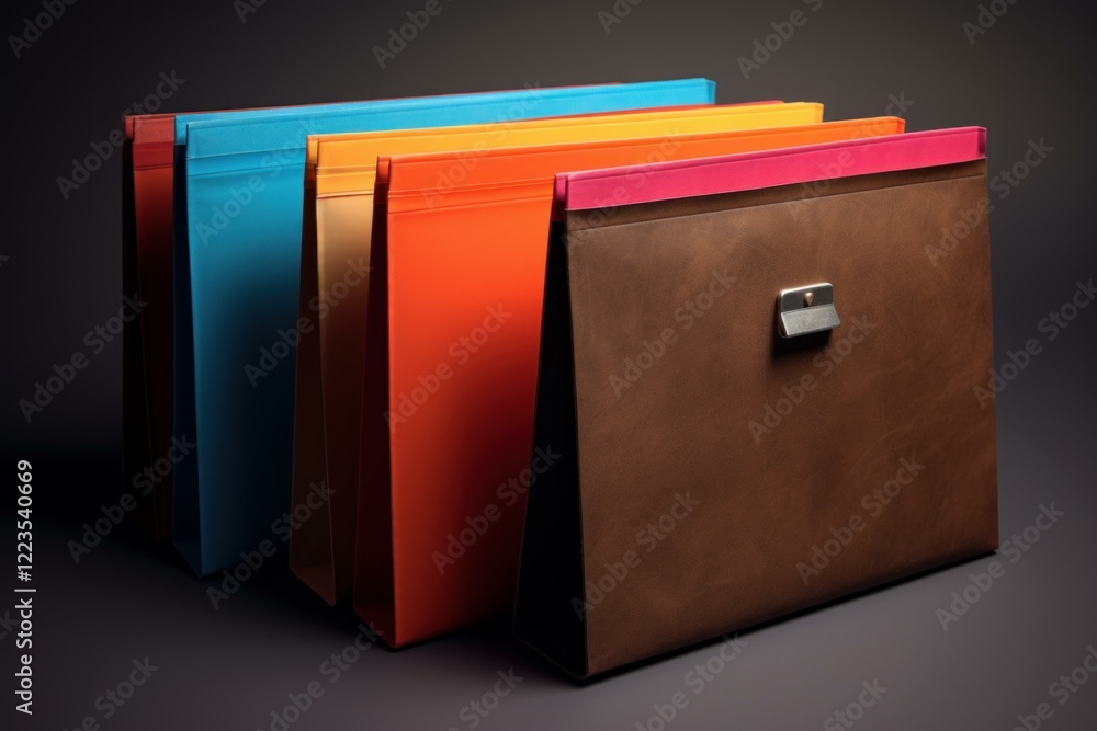 Poster four colorful expanding file folders are standing on a dark gray surface, ready for organizing docum