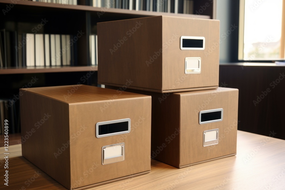 Poster cardboard storage boxes are neatly arranged on a desk in a contemporary office setting, with a backd