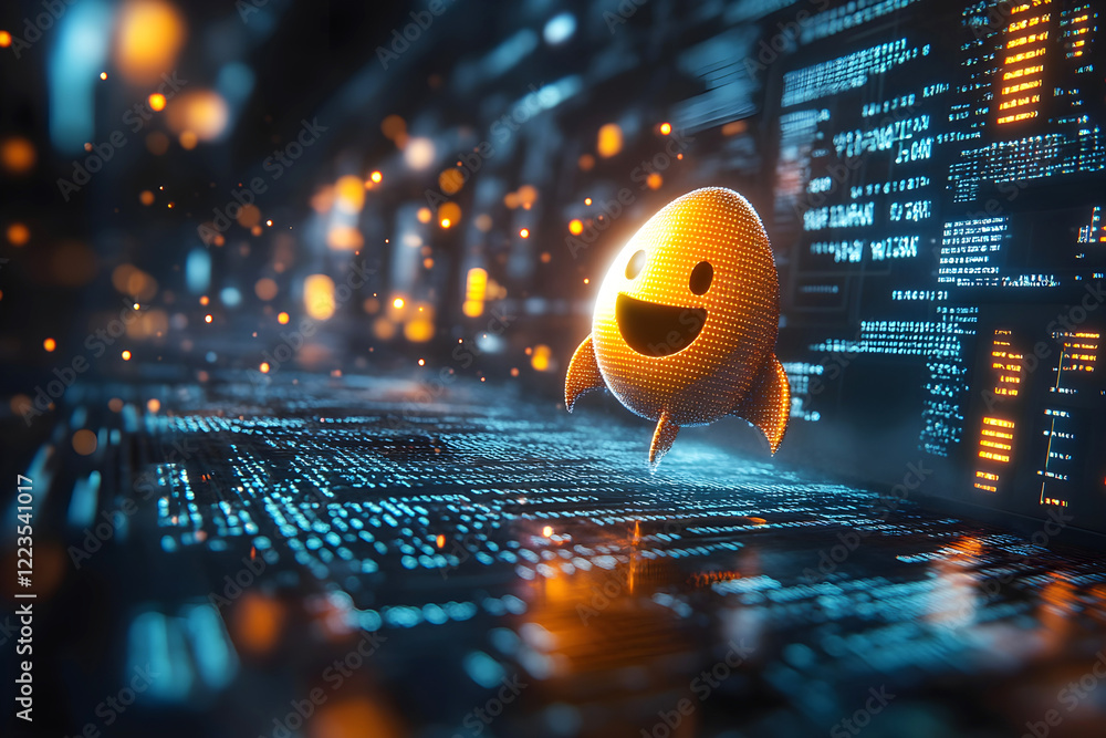 Poster a glowing digital character with a happy face floating in a high-tech, futuristic environment surrou