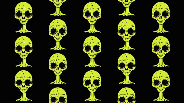 repeating cartoon alien face pattern on black background
