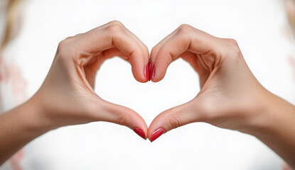 Obraz premium Hands forming a heart shape, symbolizing love and care. Isolated on a white background, with closeup of fingers showing a romantic gesture. Elegant woman’s hands with red manicure,