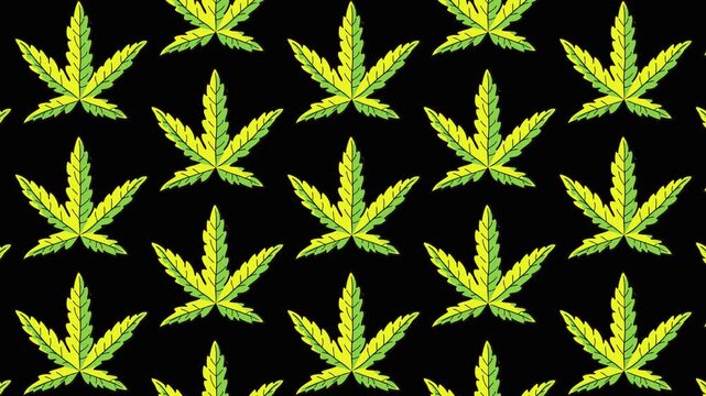 Repeating cartoon weed leaf pattern on black background