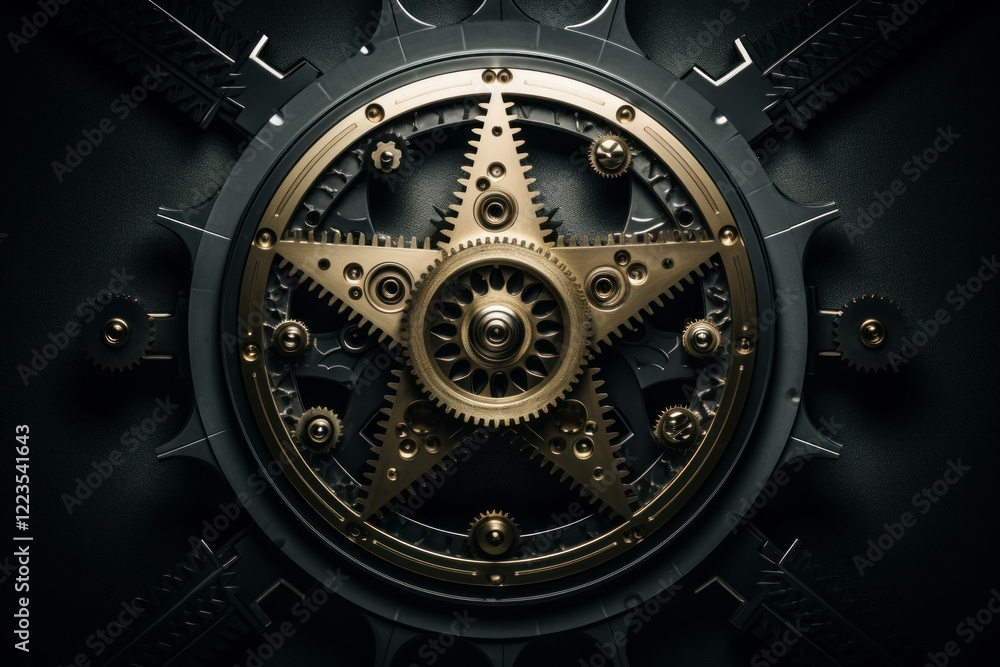 Poster golden cogwheels spinning and creating star shape within complex clockwork, concept of precision eng