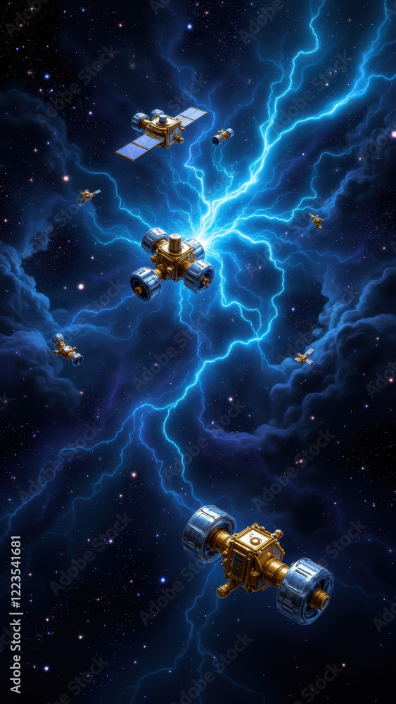 Poster futuristic space exploration with advanced spacecraft navigating cosmic lightning.