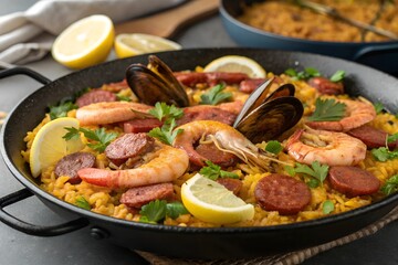 Fototapeta premium Spanish paella brimming with saffron-infused rice, succulent shrimp, mussels, clams, and slices of chorizo sausage, garnished with lemon wedges and parsley