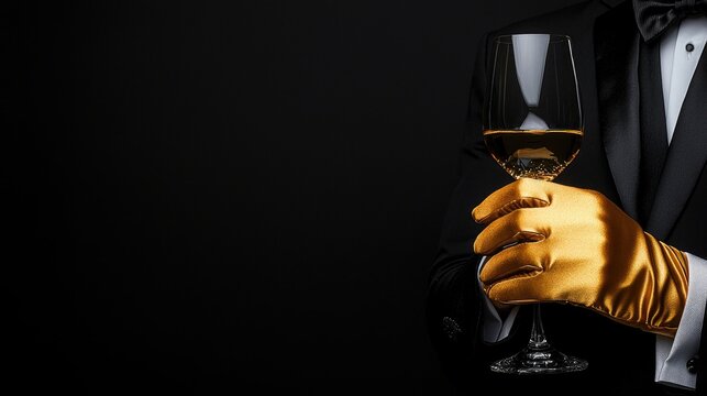 Man in tuxedo holds wine glass, elegant event, dark background, celebration