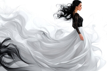 an elegant woman with long black hair fluttering in the wind. 