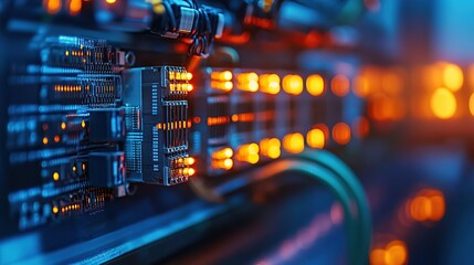 Close-Up View of Circuit Board Components with Illuminated LEDs in Data Center Equipment
