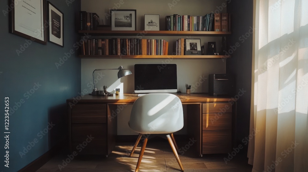 Poster sunlit home office workspace with books and computer