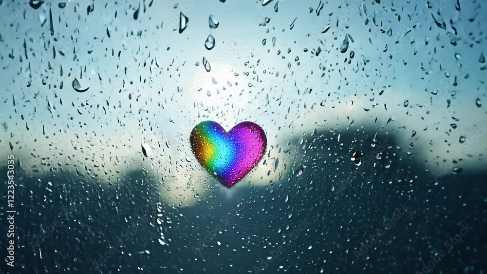 Poster zoom in key light video of raindrops materializing on window pane, light refracts through droplets, 