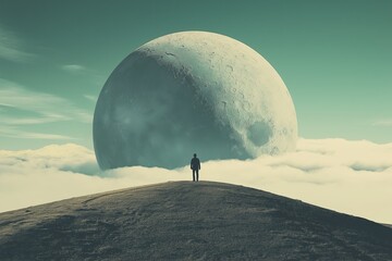 A person standing on a hill under a gigantic moon