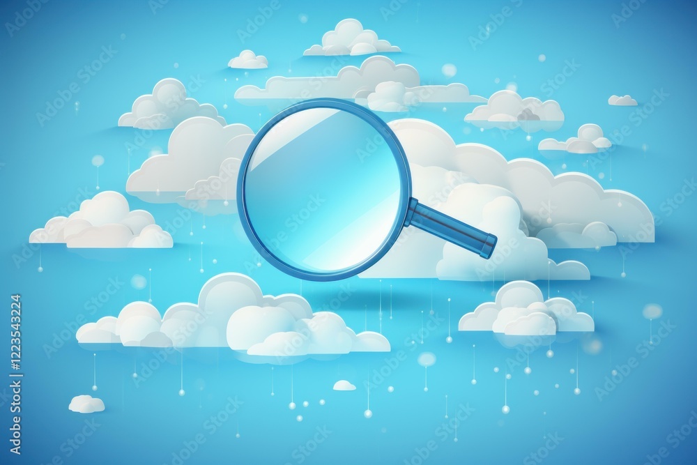 Poster magnifying glass analyzing data within a cloud computing environment, symbolizing data analysis and 