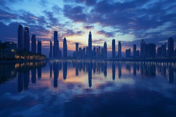 A reflection of a dream-like city in still water at twilight 