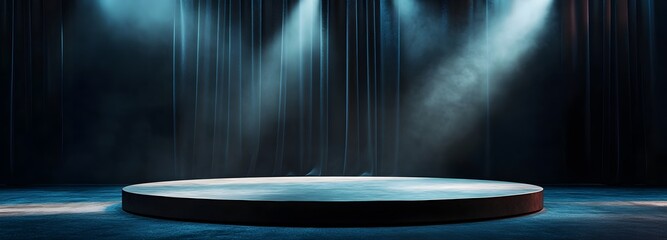 A podium on an empty stage, with soft spotlights shining down and a dark velvet curtain in the background