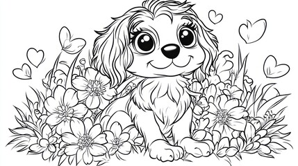 Cute puppy coloring page, flowers, hearts, meadow, springtime
