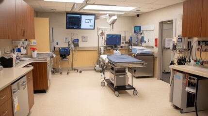 Modern hospital operating room with medical equipment and monitors
