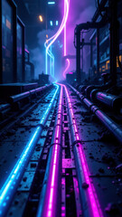 Futuristic train tracks with neon lights glowing down the middle.