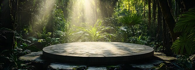 A podium set on a stone platform in the middle of a lush rainforest, with sunlight filtering through the trees