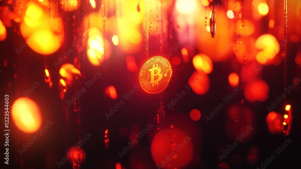 Aufkleber bitcoin coin falling through red bokeh lights