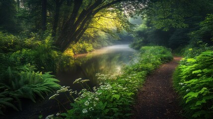 Obraz premium Serene Forest Path Beside Calm River Water
